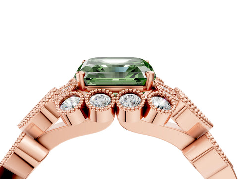 Rose gold Fancy Green Asscher Cut Brilliant Milgrain Pave Heart Band Solitaire Ring_4