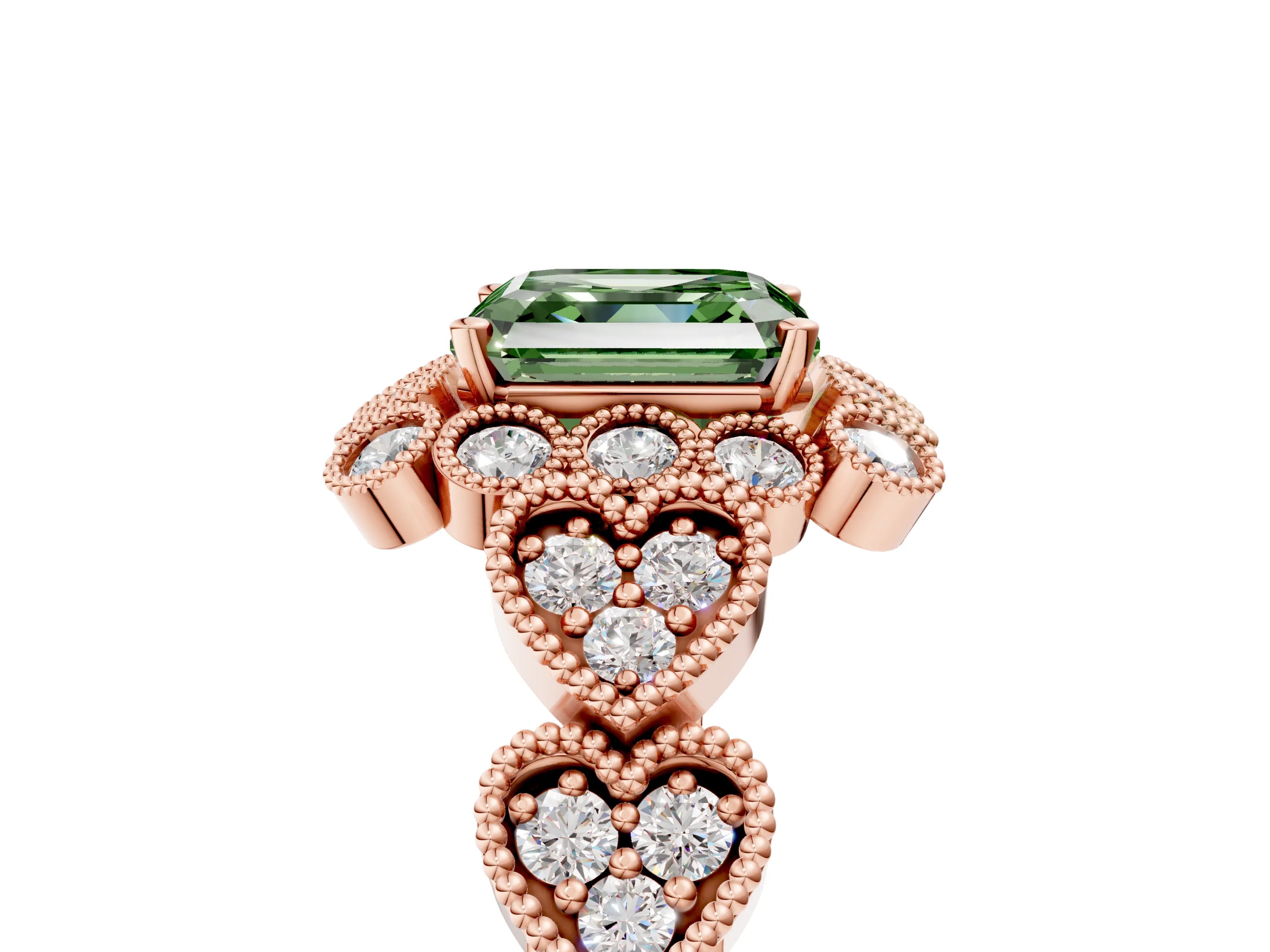Rose gold Fancy Green Asscher Cut Brilliant Milgrain Pave Heart Band Solitaire Ring_5