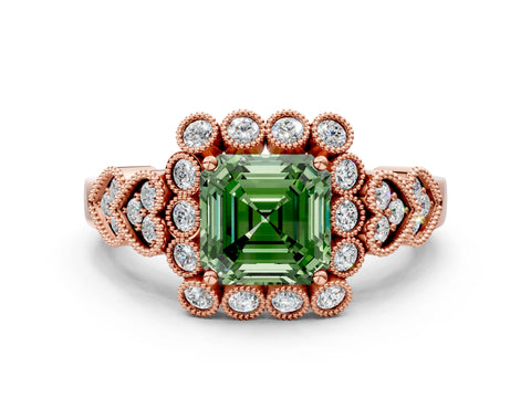 Rose gold Fancy Green Asscher Cut Brilliant Milgrain Pave Heart Band Solitaire Ring