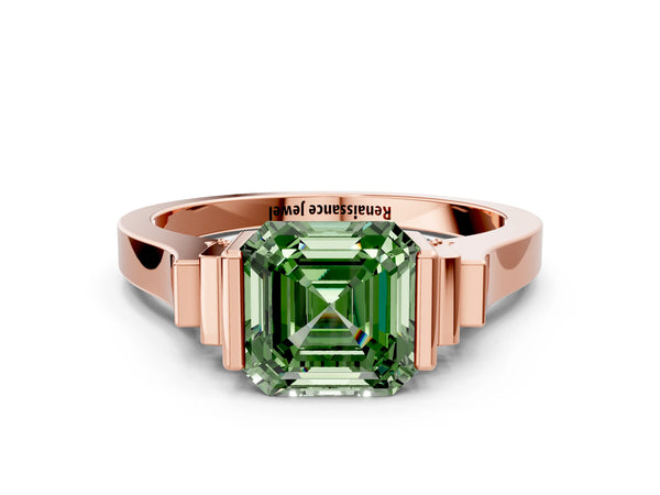 Rose gold Fancy Green Asscher Cut Brilliant Solitaire Diamond Ring with Channel Set Band and Bar Prong Setting