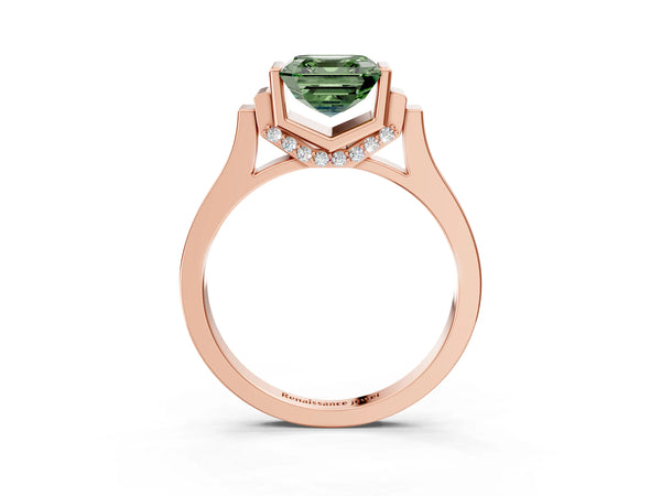 Rose gold Fancy Green Asscher Cut Brilliant Solitaire Diamond Ring with Channel Set Band and Bar Prong Setting