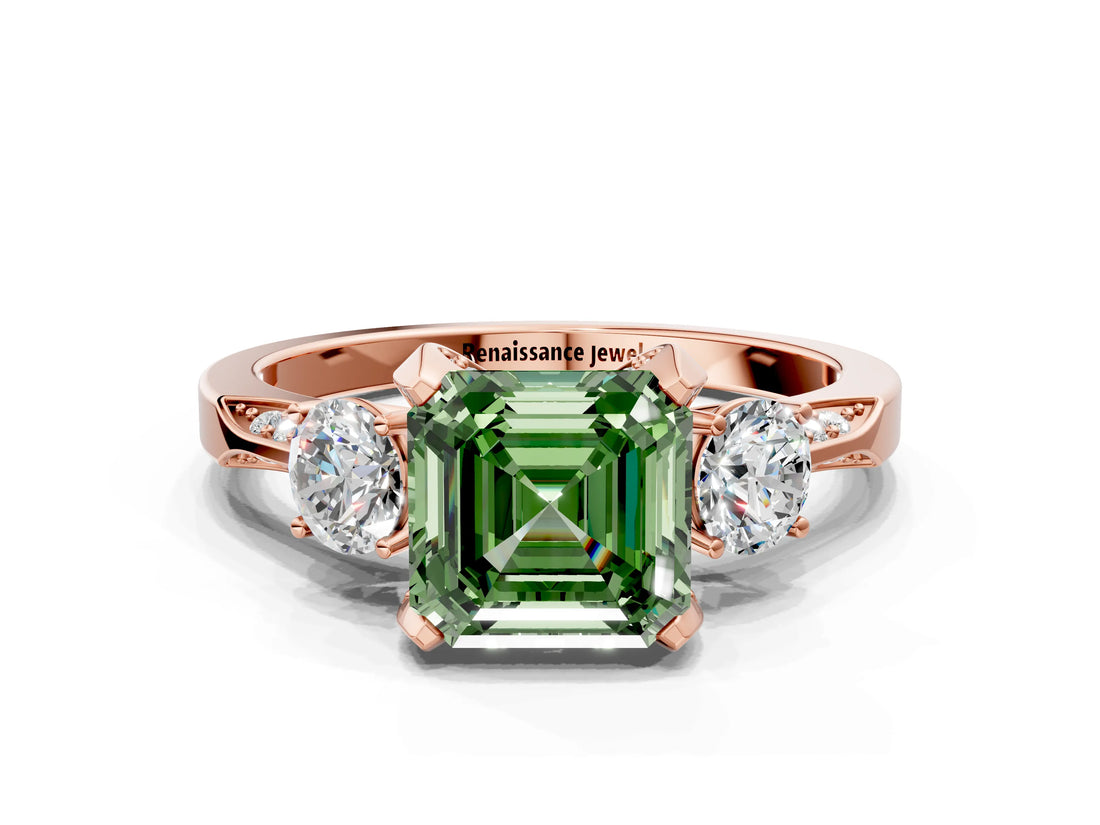 Rose gold Fancy Green Asscher Cut Brilliant Three-Stone Diamond Ring with Pavé Band and Four-Prong Setting_3
