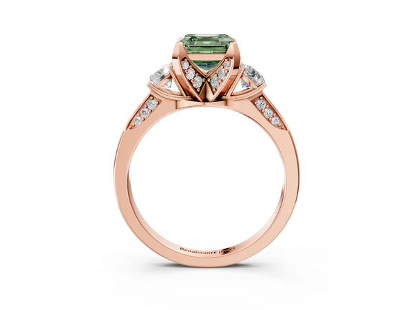 Rose Gold Asscher Cut Three Stone Hidden Halo Engagement Ring Setting for Fancy Green Center