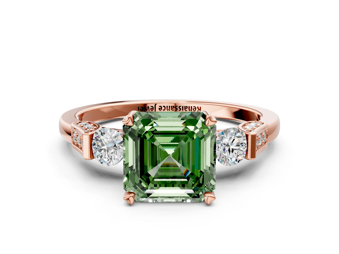 Rose gold Fancy Green Asscher Cut Brilliant Three-Stone Pave Band with Four-Prong Setting