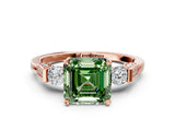 Rose gold Fancy Green Asscher Cut Brilliant Three-Stone Pave Band with Four-Prong Setting