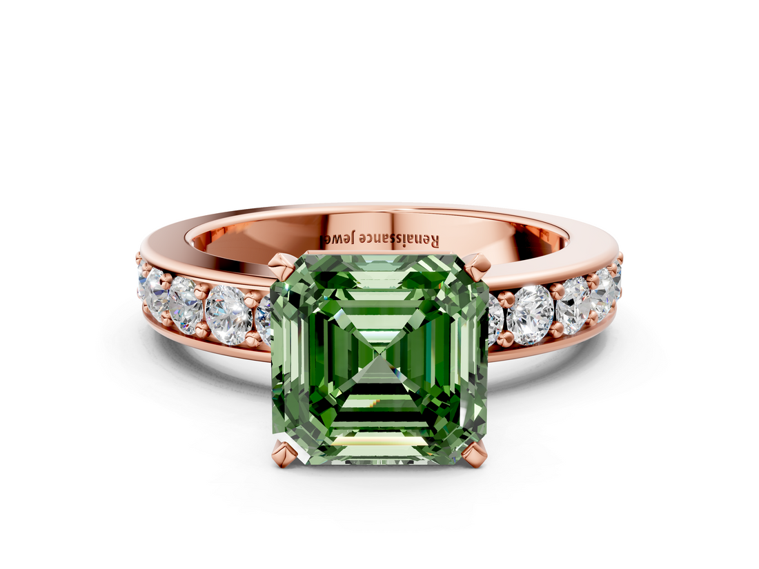 Rose gold Fancy Green Asscher  Cut Channel Set Diamond Engagement Ring with Four-Prong Setting