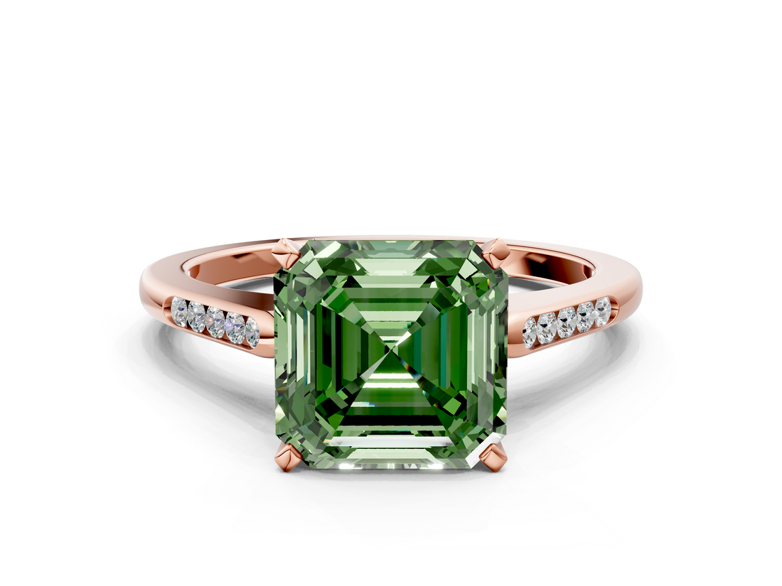 Rose gold Fancy Green Asscher  Cut Channel Set Solitaire Engagement Ring with Four-Prong Setting