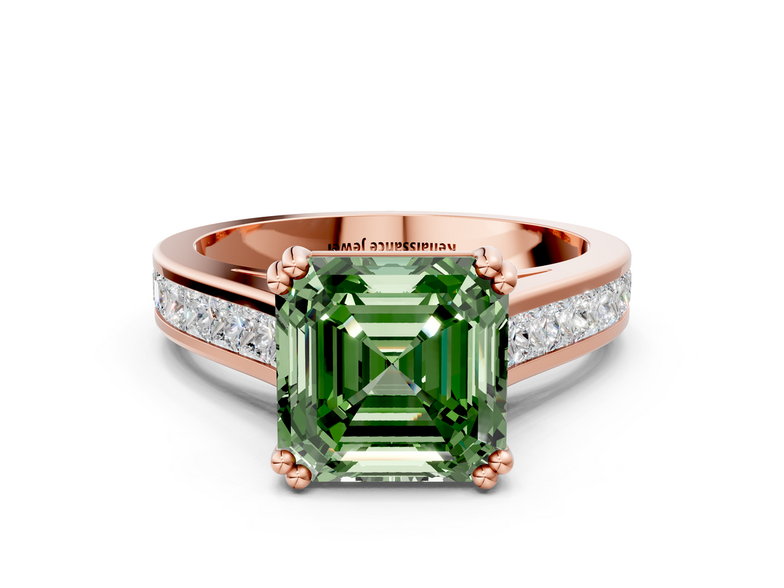 Rose gold Fancy Green Asscher  Cut Channel Set Solitaire Engagement Ring with Prong Setting