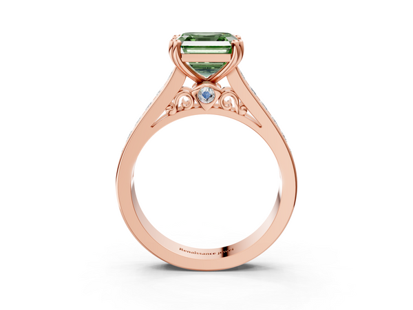 Rose Gold Asscher Cut Channel Set Solitaire Engagement Ring Setting for Fancy Green Center with Double Claw Prongs