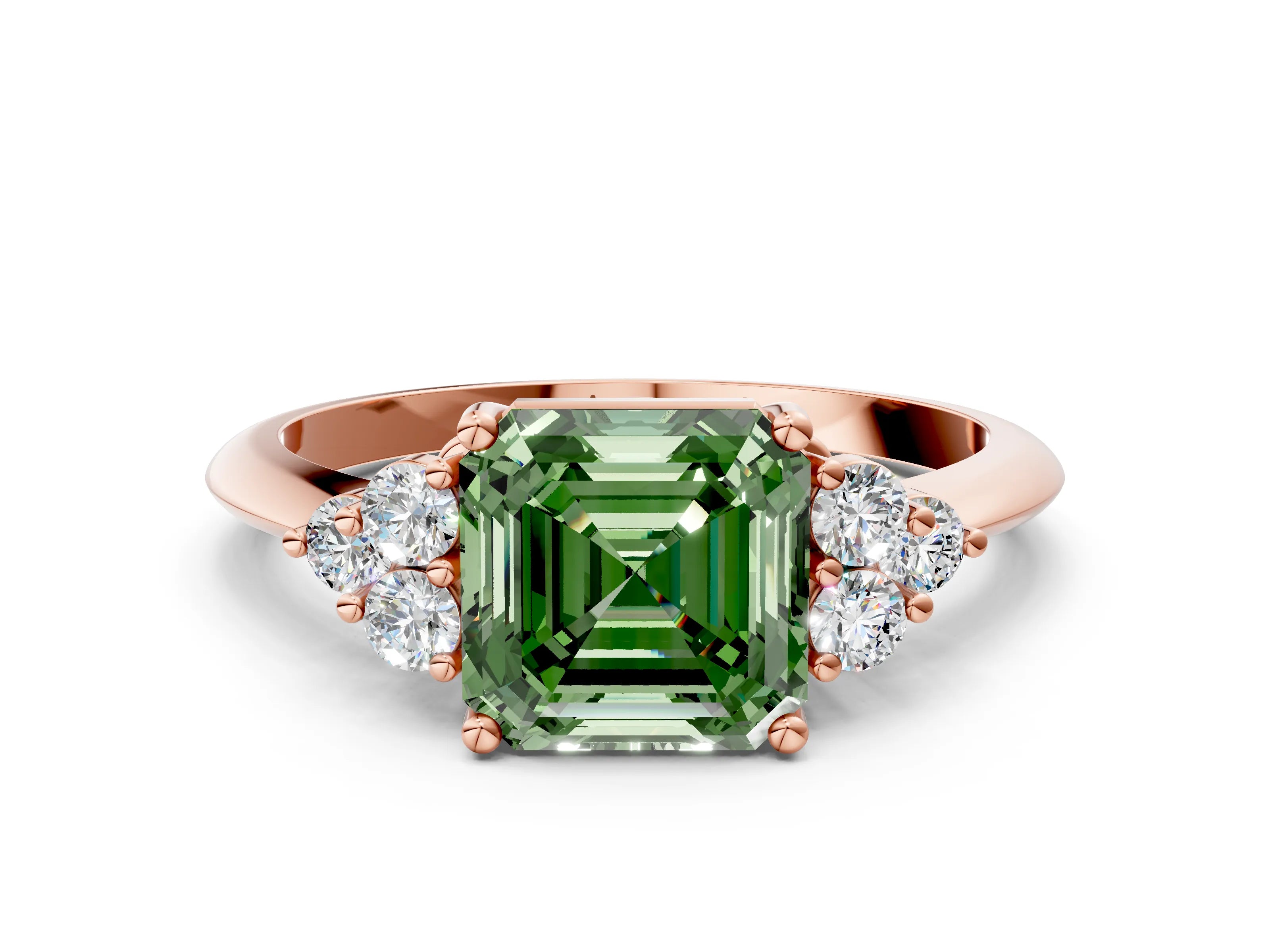 Rose gold Fancy Green Asscher Cut Cut Diamond Cluster Ring with Solitaire Band and Four-Prong Setting