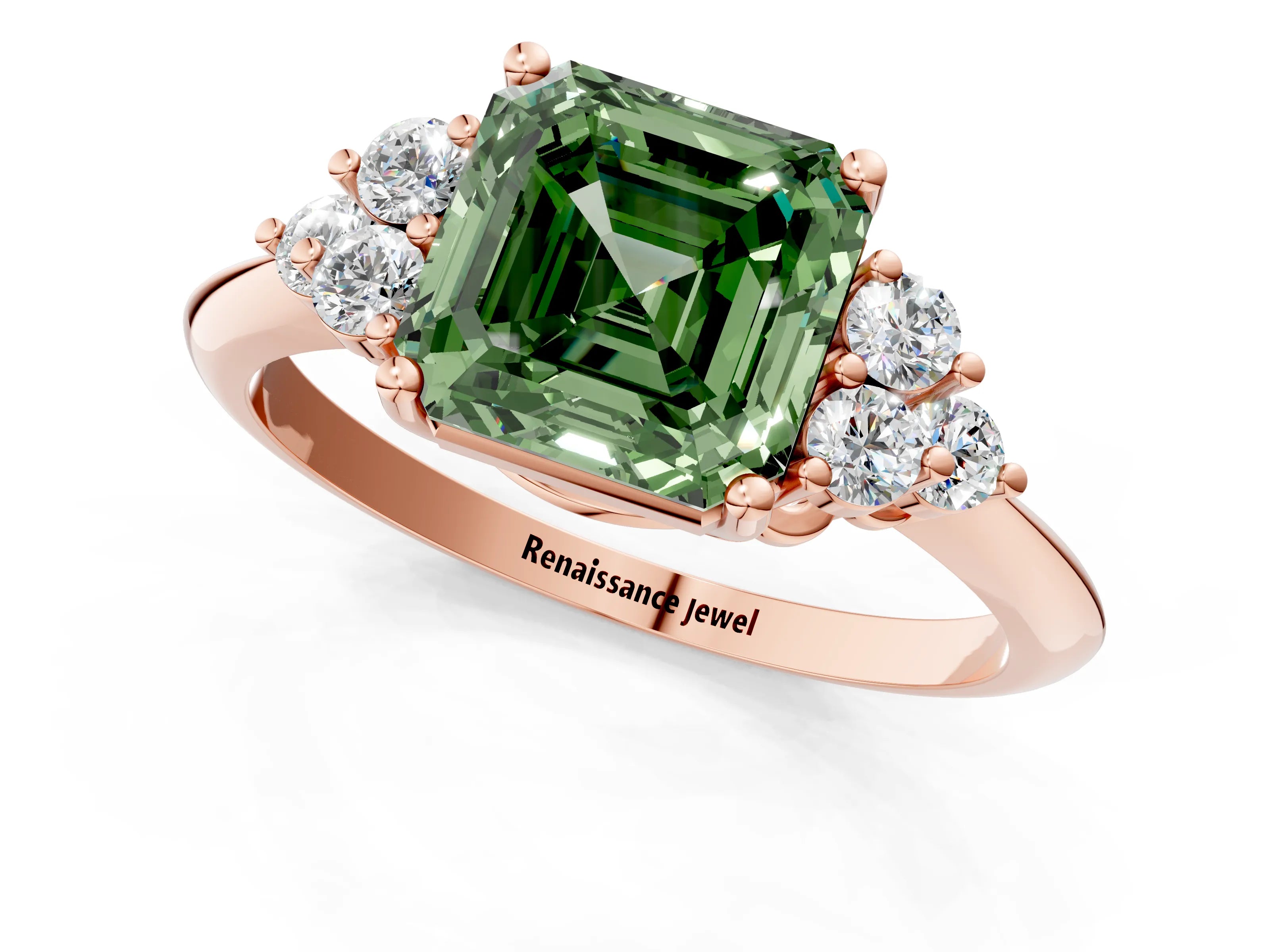 Rose gold Fancy Green Asscher Cut Cut Diamond Cluster Ring with Solitaire Band and Four-Prong Setting_1
