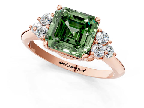 Rose gold Fancy Green Asscher Cut Cut Diamond Cluster Ring with Solitaire Band and Four-Prong Setting_1