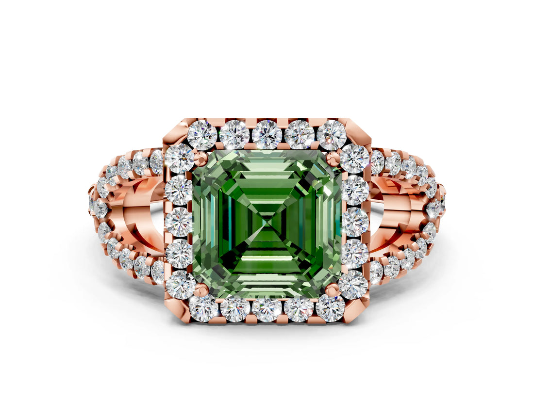 Rose gold Fancy Green Asscher Cut Cut Diamond Halo Engagement Ring with Open Split Pavé Band