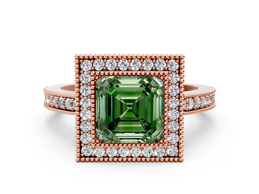Rose gold Fancy Green Asscher Cut-Cut Diamond Halo Engagement Ring with Pave Band and Prong Setting