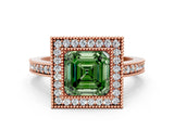 Rose gold Fancy Green Asscher Cut-Cut Diamond Halo Engagement Ring with Pave Band and Prong Setting