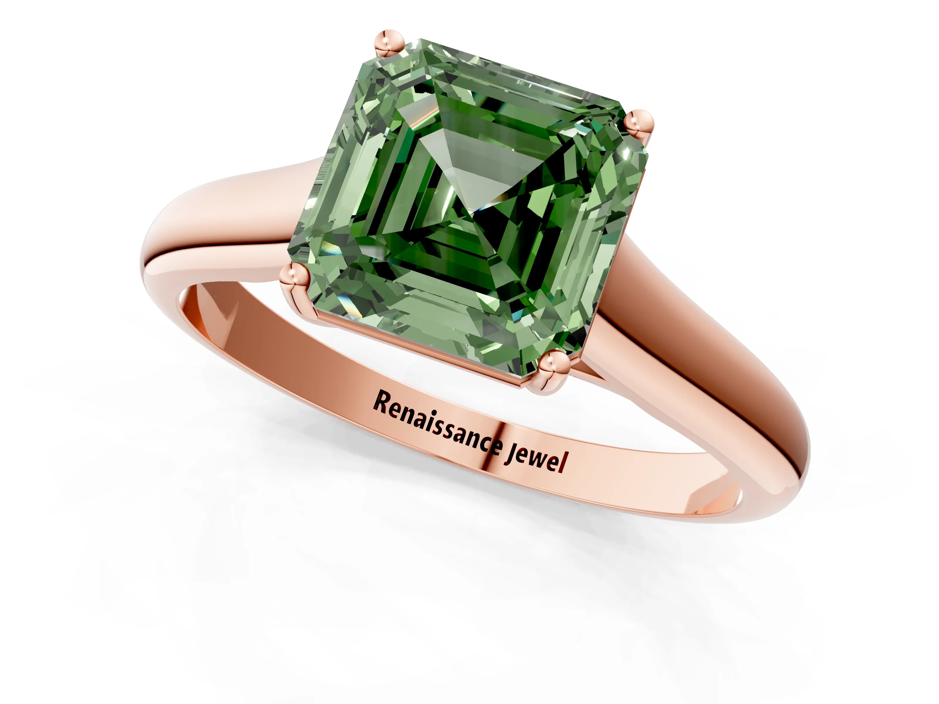 Rose gold Fancy Green Asscher Cut Cut Diamond Solitaire Engagement Ring with Tapered Plain Band and Four-Prong Setting_1