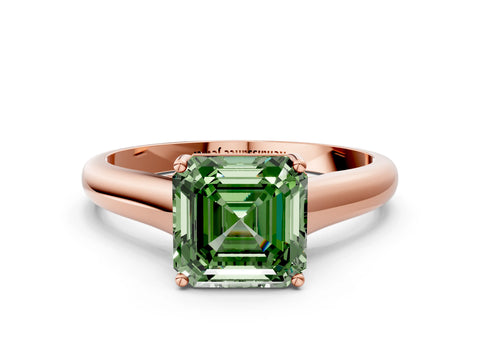 Rose gold Fancy Green Asscher Cut Cut Diamond Solitaire Engagement Ring with Tapered Plain Band and Four-Prong Setting