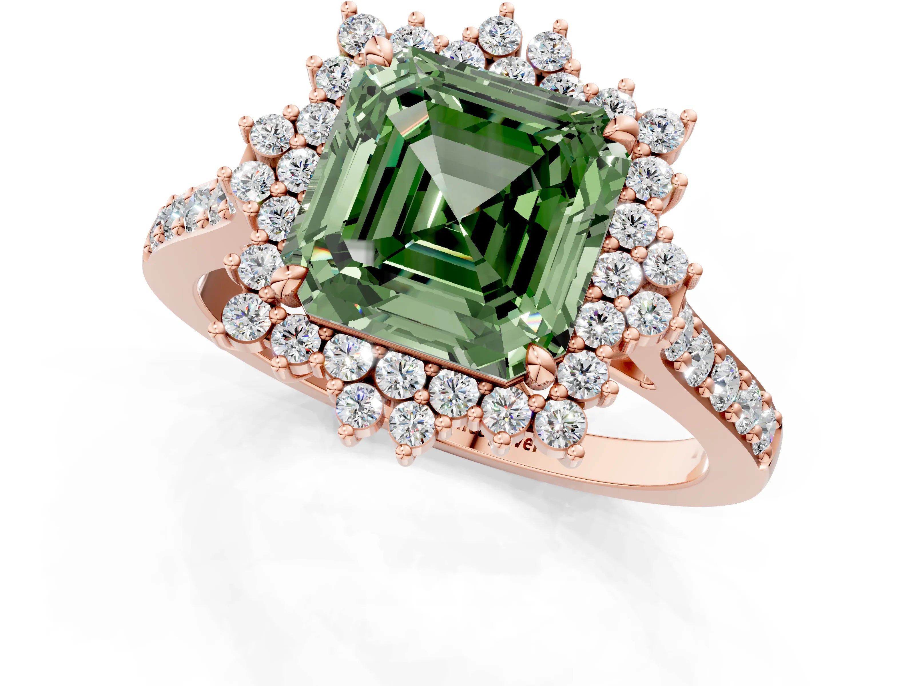 Rose gold Fancy Green Asscher Cut Cut Diamond Sunburst Halo Engagement Ring with Pavé Band_1