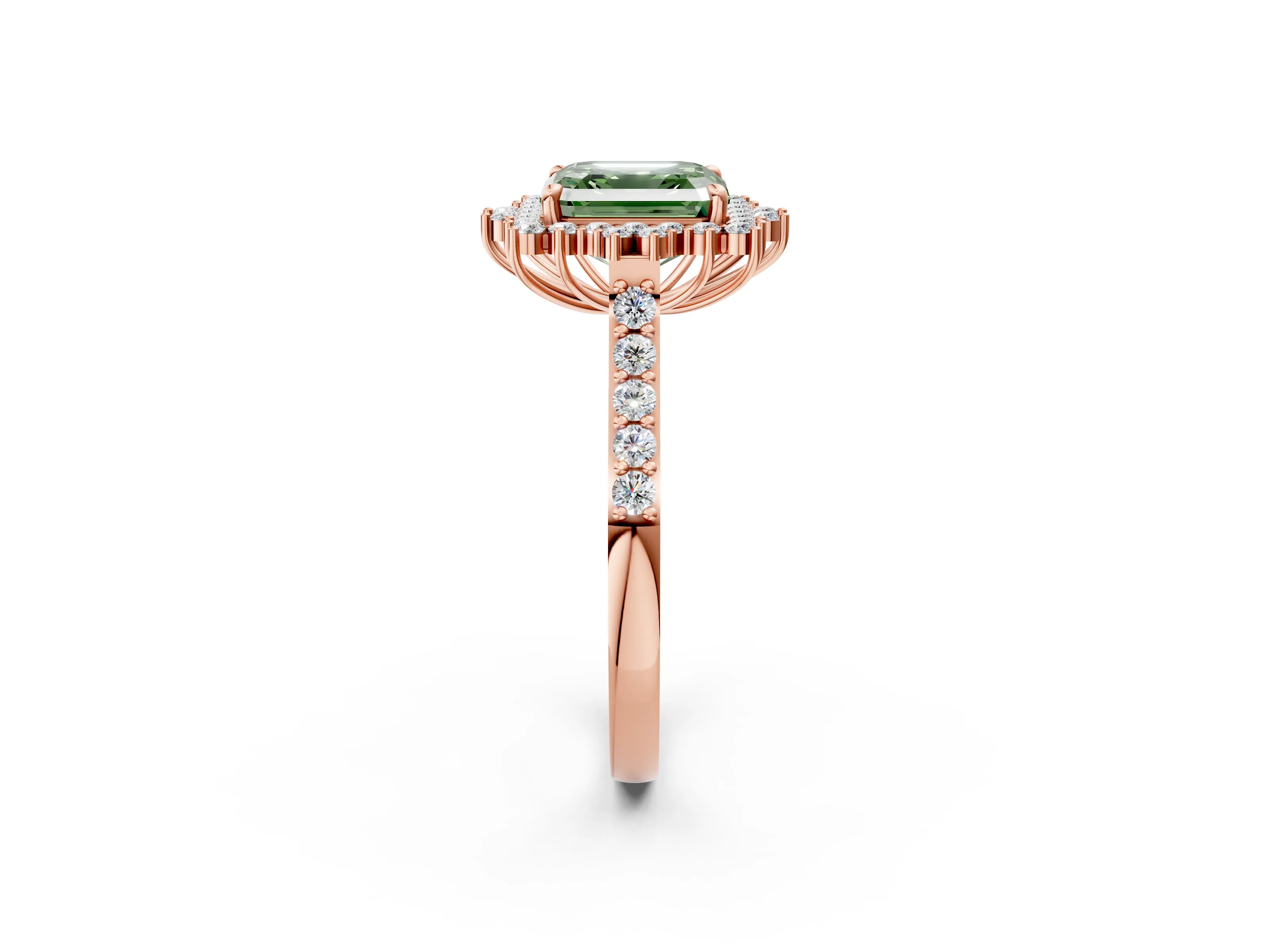 Rose gold Fancy Green Asscher Cut Cut Diamond Sunburst Halo Engagement Ring with Pavé Band_2
