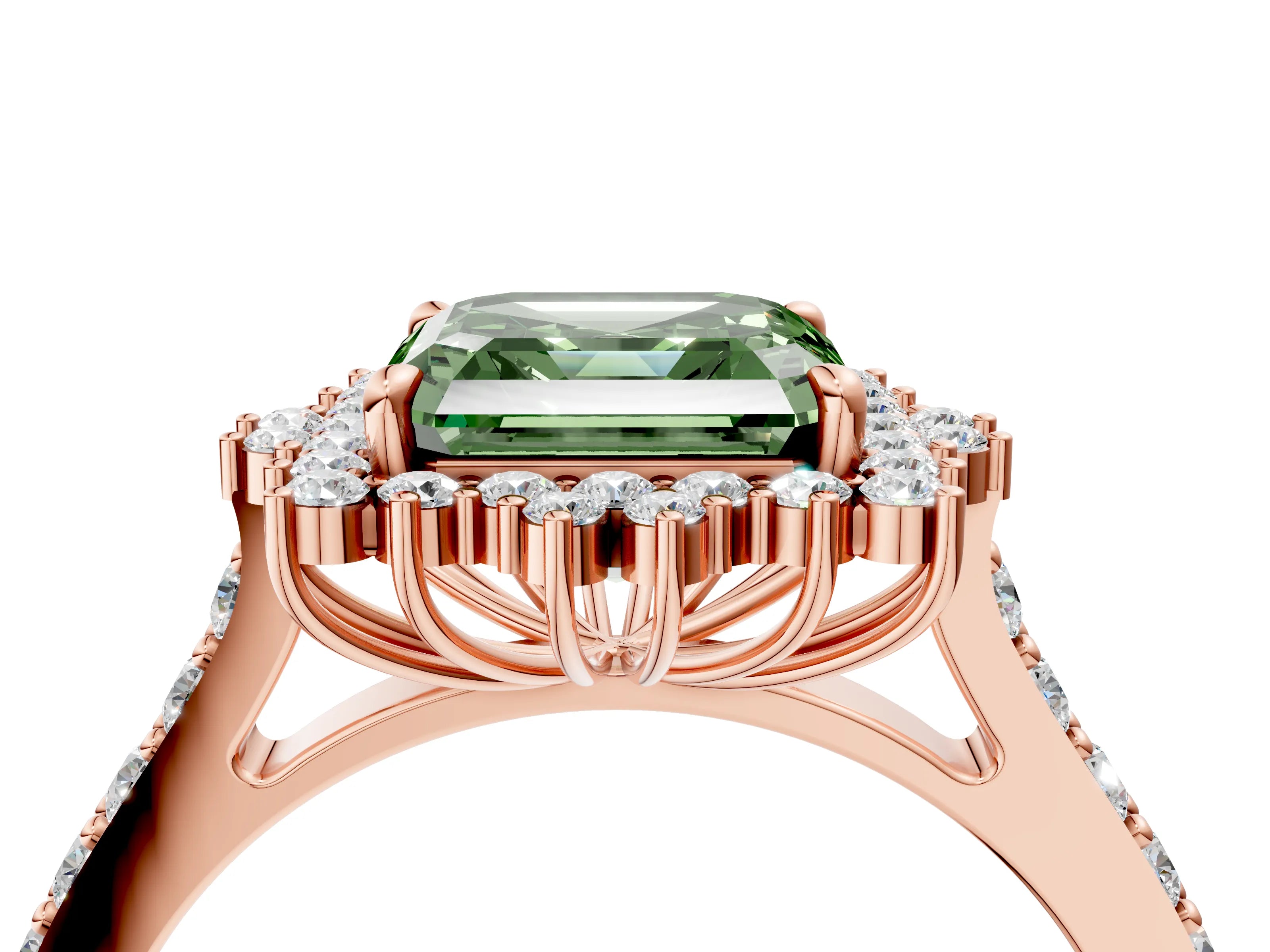 Rose gold Fancy Green Asscher Cut Cut Diamond Sunburst Halo Engagement Ring with Pavé Band_4