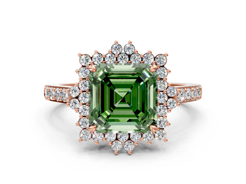 Rose gold Fancy Green Asscher Cut Cut Diamond Sunburst Halo Engagement Ring with Pavé Band