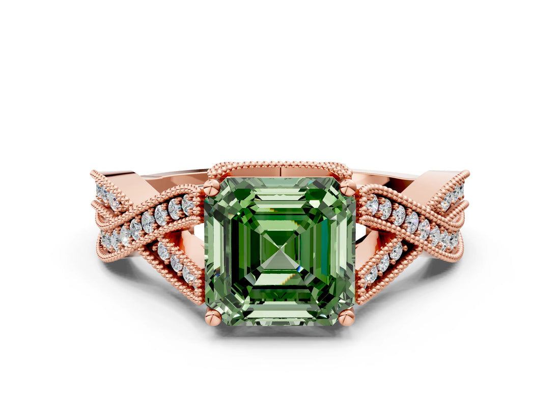 Rose gold Fancy Green Asscher Cut Cut Diamond Twisted Band with Milgrain Pave Setting and Four-Prong Setting
