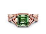 Rose gold Fancy Green Asscher Cut Cut Diamond Twisted Band with Milgrain Pave Setting and Four-Prong Setting