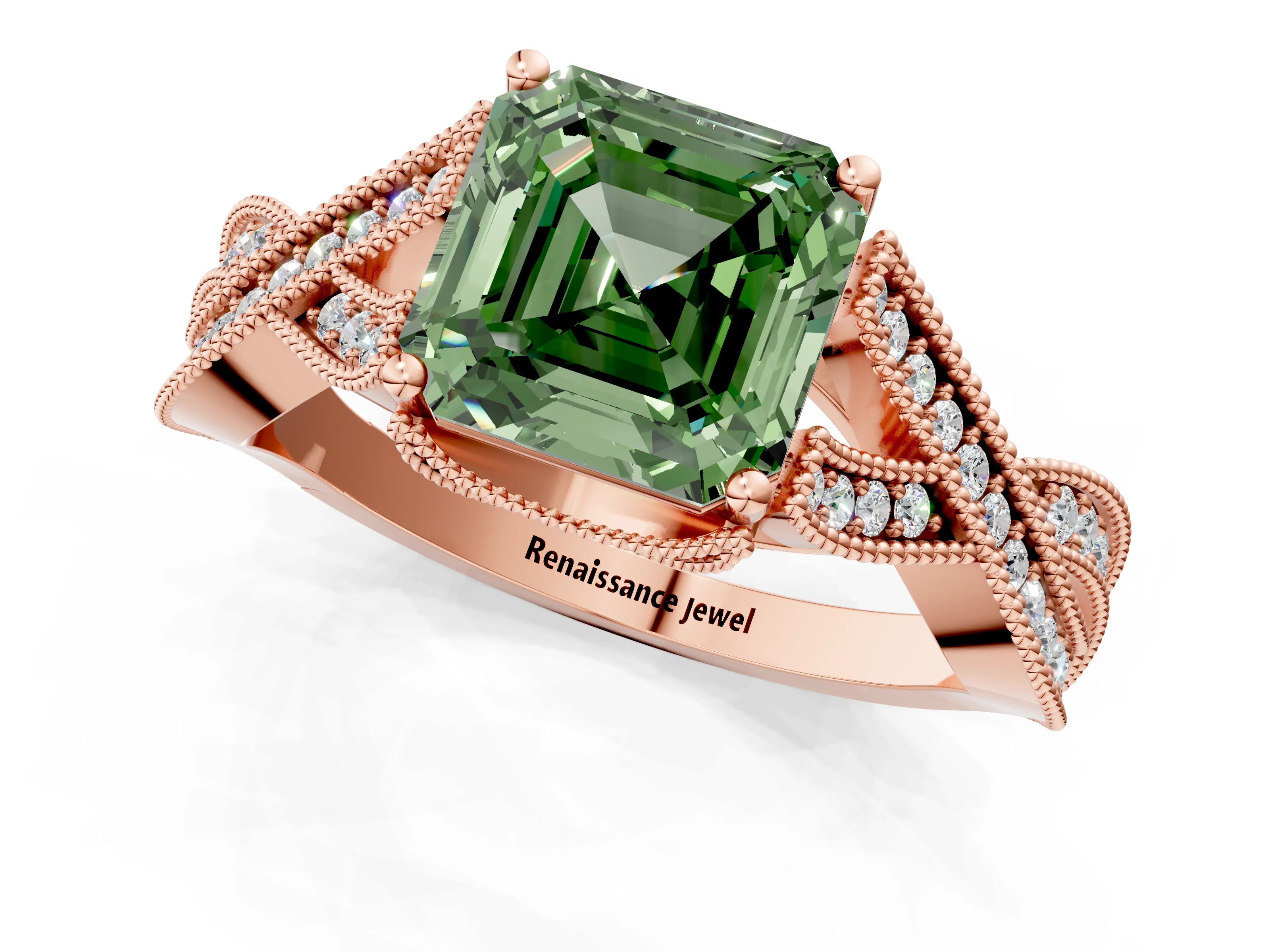 Rose gold Fancy Green Asscher Cut Cut Diamond Twisted Band with Milgrain Pave Setting and Four-Prong Setting_1