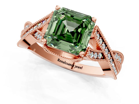 Rose gold Fancy Green Asscher Cut Cut Diamond Twisted Band with Milgrain Pave Setting and Four-Prong Setting_1