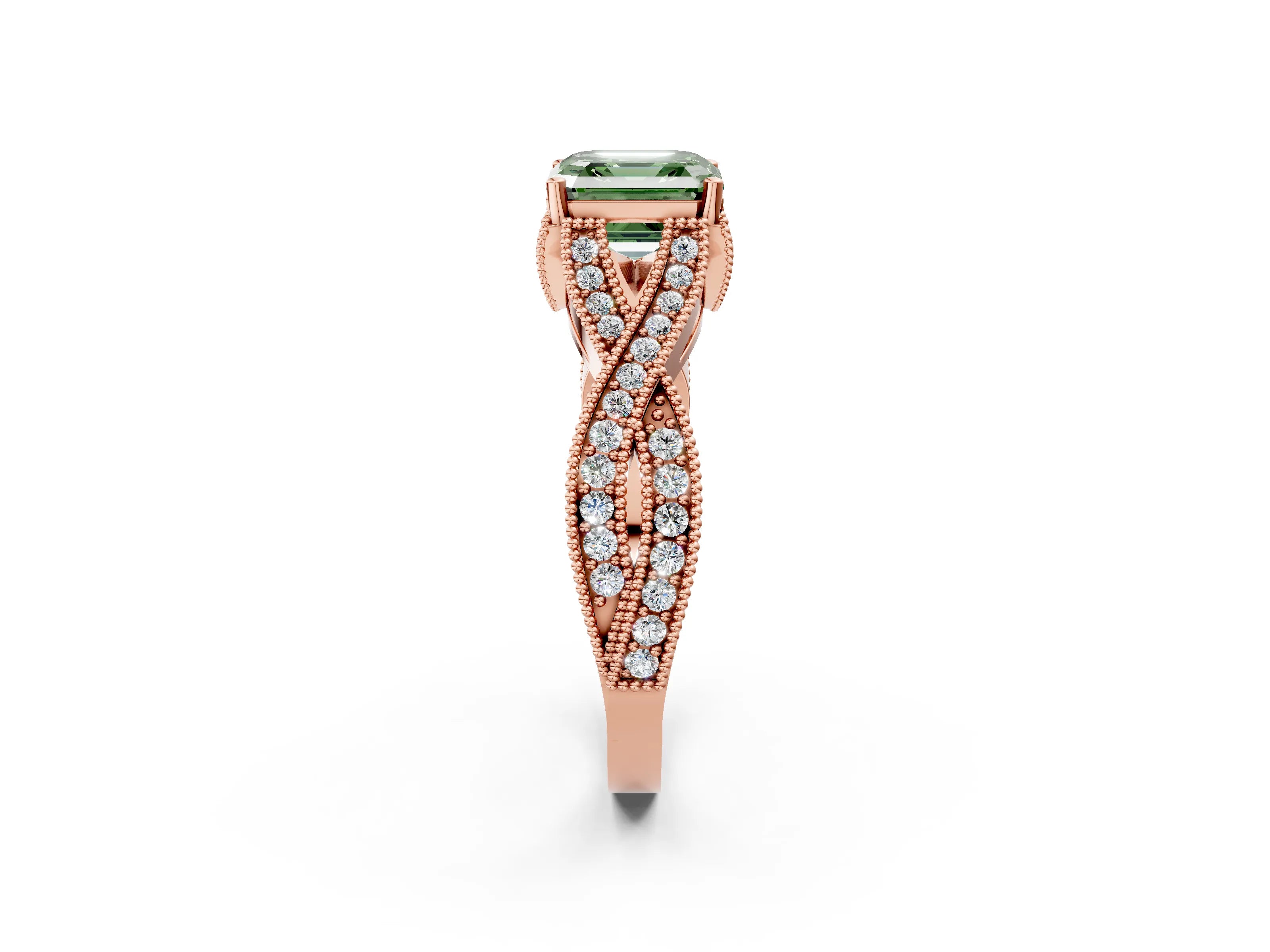 Rose gold Fancy Green Asscher Cut Cut Diamond Twisted Band with Milgrain Pave Setting and Four-Prong Setting_2