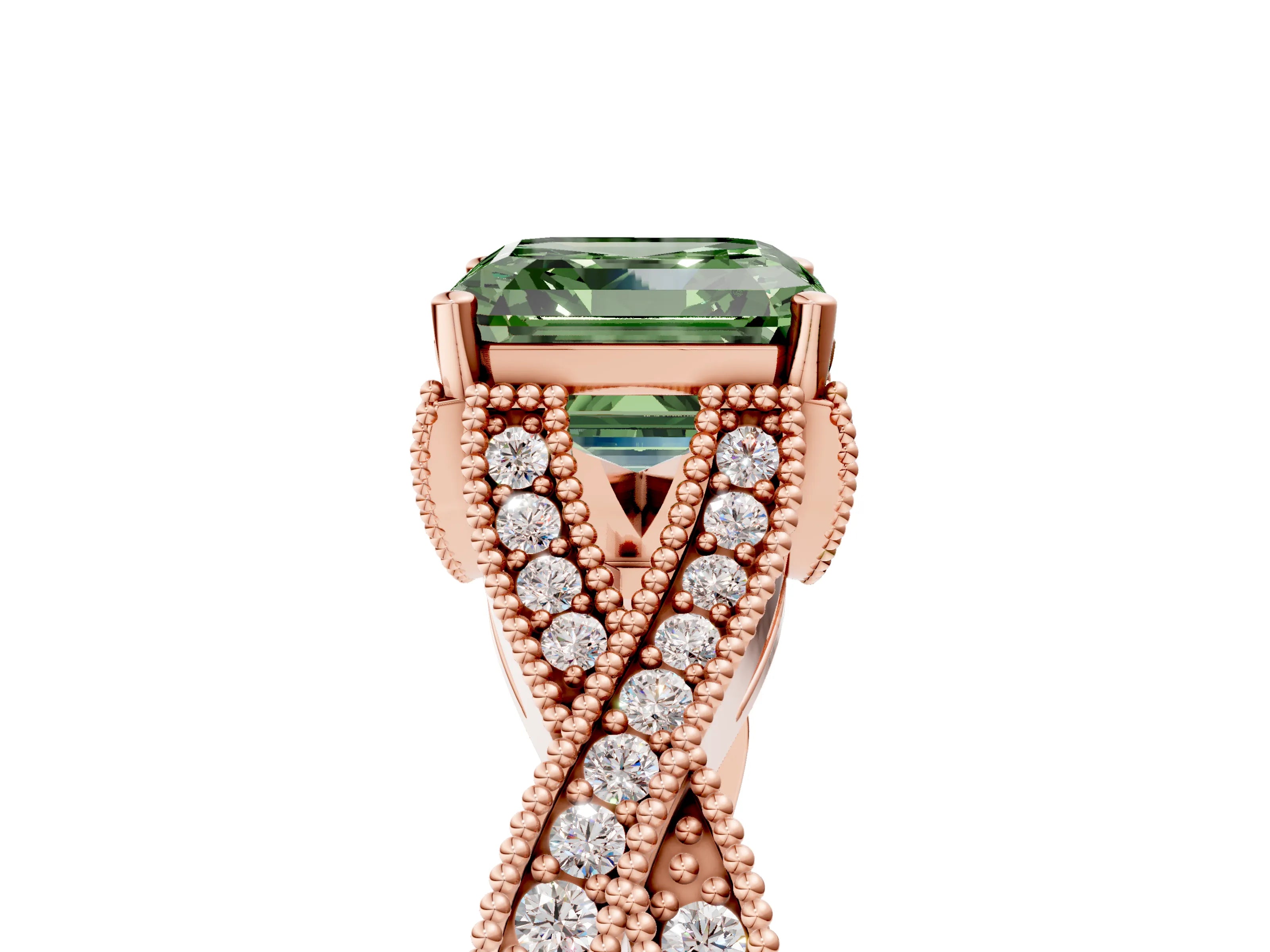 Rose gold Fancy Green Asscher Cut Cut Diamond Twisted Band with Milgrain Pave Setting and Four-Prong Setting_5