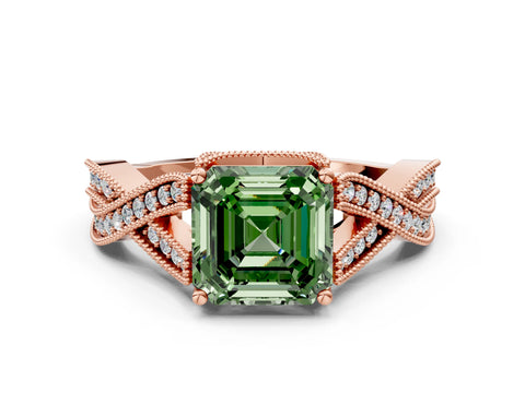 Rose gold Fancy Green Asscher Cut Cut Diamond Twisted Band with Milgrain Pave Setting and Four-Prong Setting