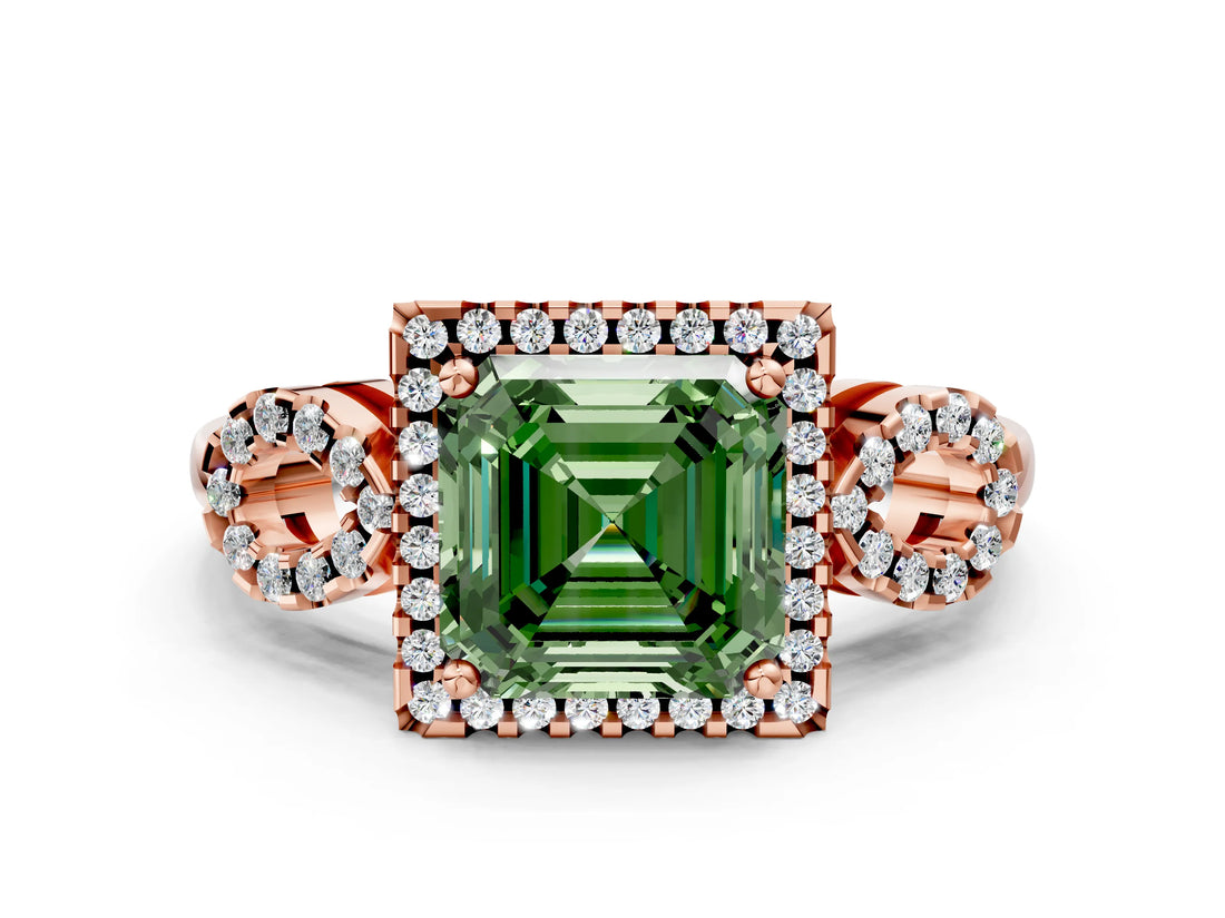 Rose gold Fancy Green Asscher Cut Cut Halo Diamond Infinity Band with Four-Prong Setting