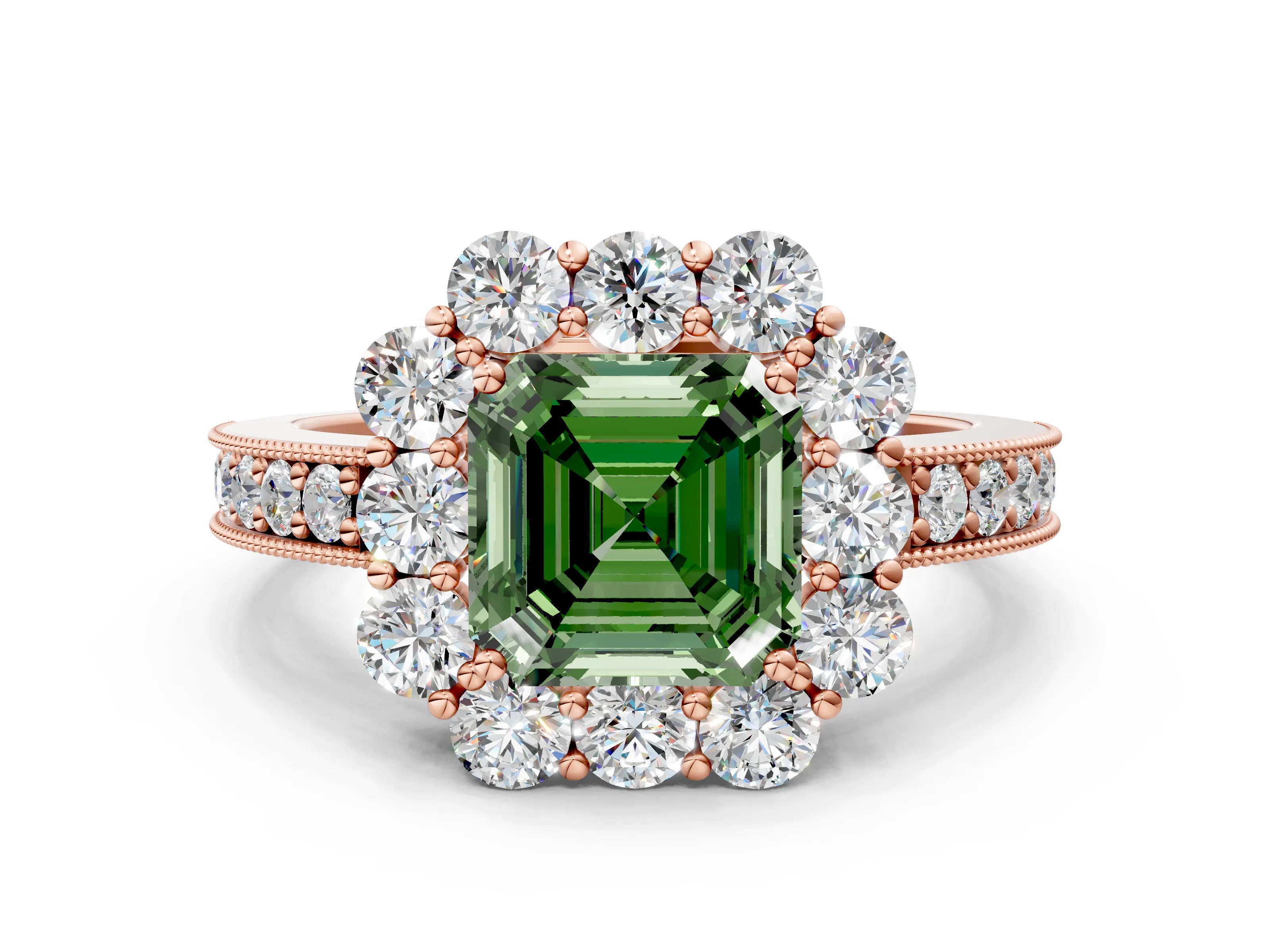 Rose gold Fancy Green Asscher Cut Cut Halo Diamond Pavé Engagement Ring with Milgrain Detailing