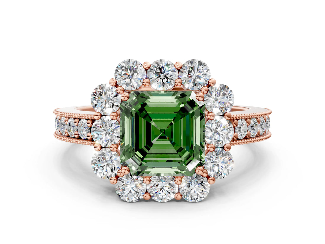 Rose gold Fancy Green Asscher Cut Cut Halo Diamond Pavé Engagement Ring with Milgrain Detailing