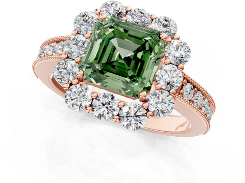 Rose gold Fancy Green Asscher Cut Cut Halo Diamond Pavé Engagement Ring with Milgrain Detailing_1