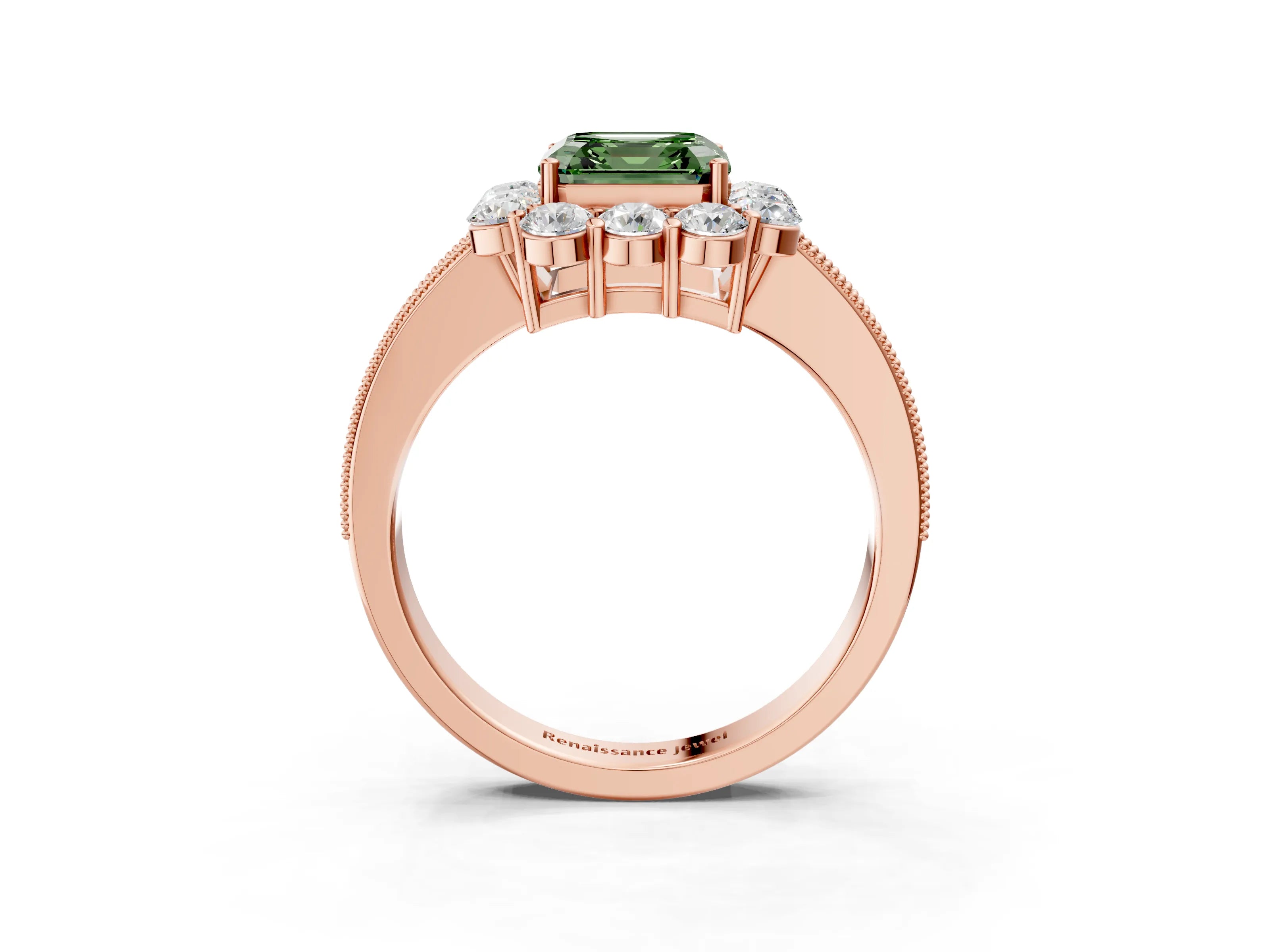 Rose gold Fancy Green Asscher Cut Cut Halo Diamond Pavé Engagement Ring with Milgrain Detailing_3