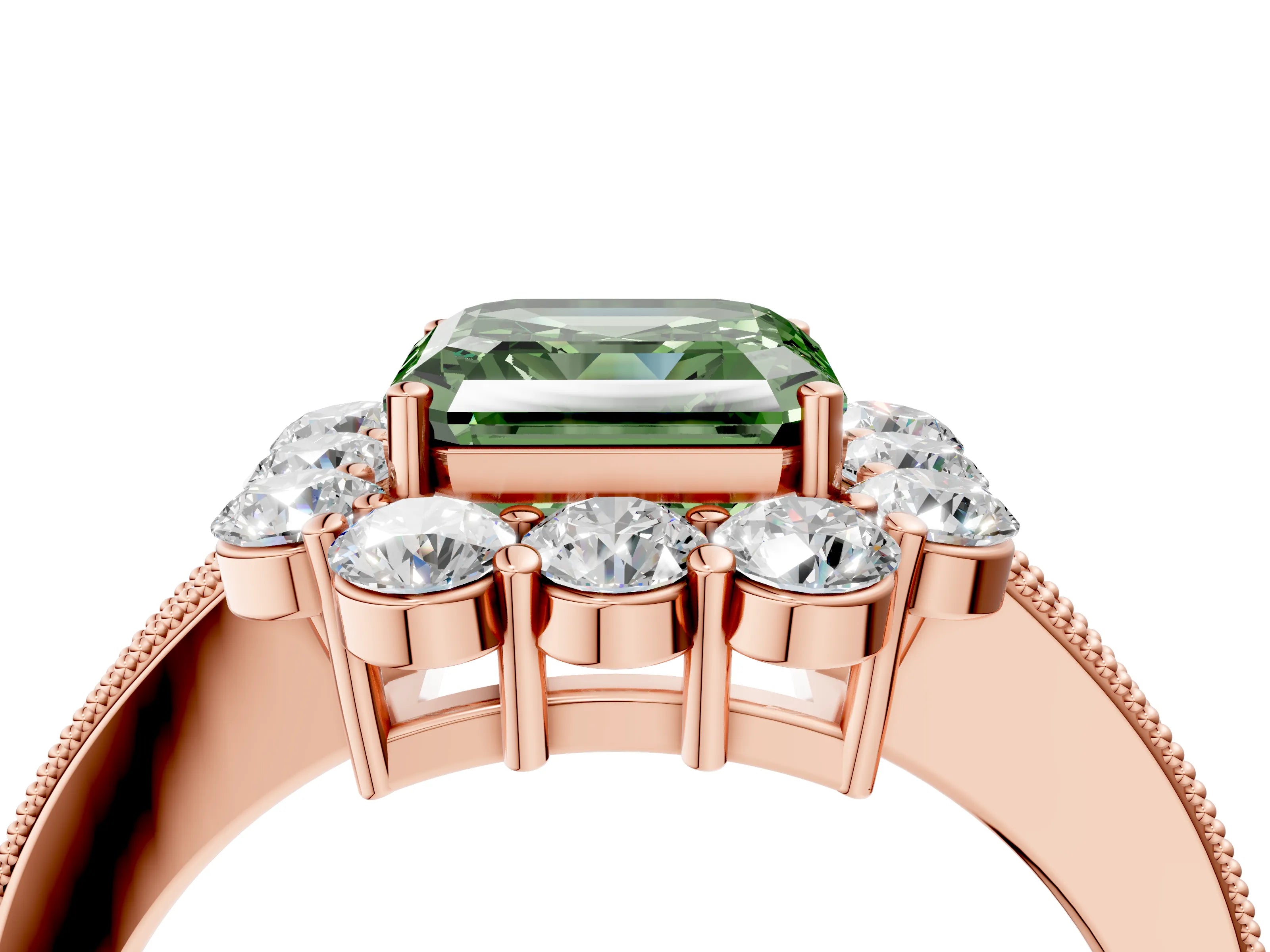Rose gold Fancy Green Asscher Cut Cut Halo Diamond Pavé Engagement Ring with Milgrain Detailing_4