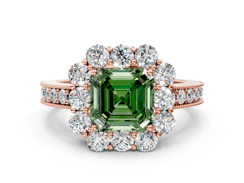 Rose gold Fancy Green Asscher Cut Cut Halo Diamond Pavé Engagement Ring with Milgrain Detailing
