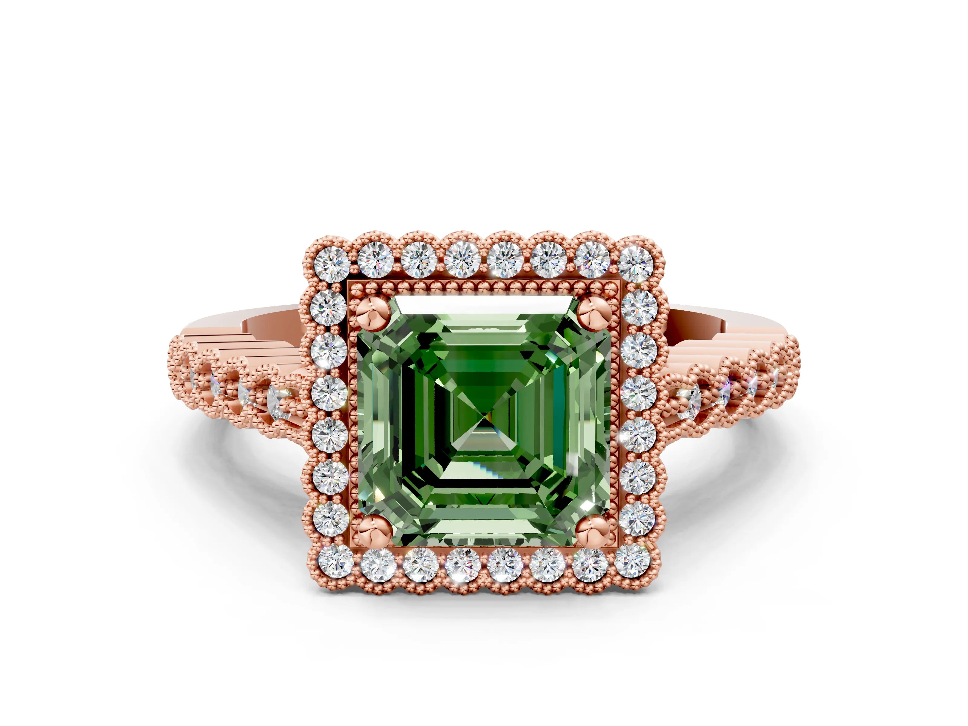 Rose gold Fancy Green Asscher Cut Cut Halo Pavé Solitaire Ring with Milgrain Band