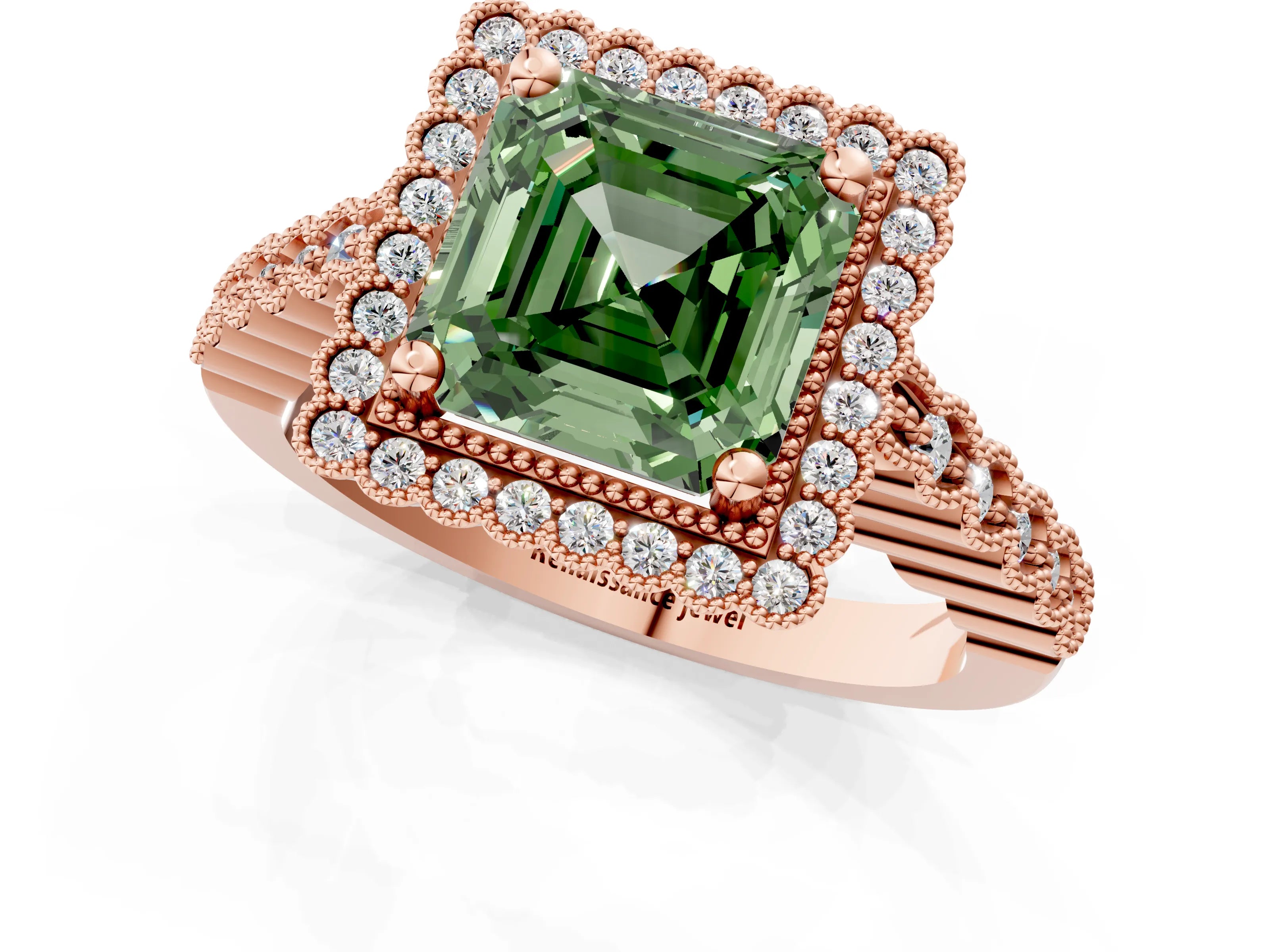 Rose gold Fancy Green Asscher Cut Cut Halo Pavé Solitaire Ring with Milgrain Band_1