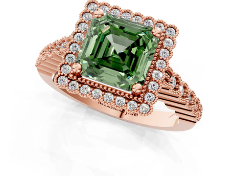 Rose gold Fancy Green Asscher Cut Cut Halo Pavé Solitaire Ring with Milgrain Band_1