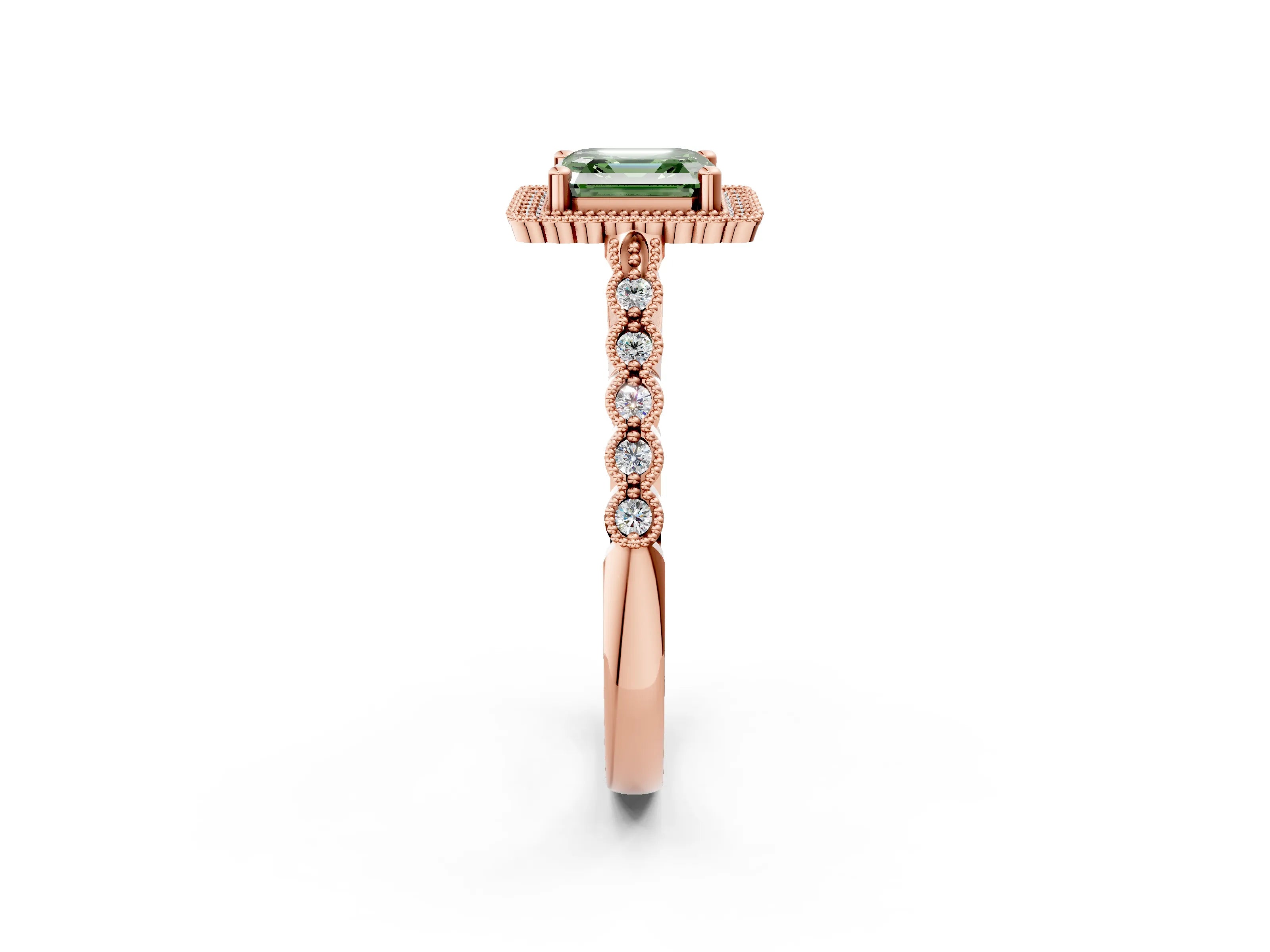 Rose gold Fancy Green Asscher Cut Cut Halo Pavé Solitaire Ring with Milgrain Band_2