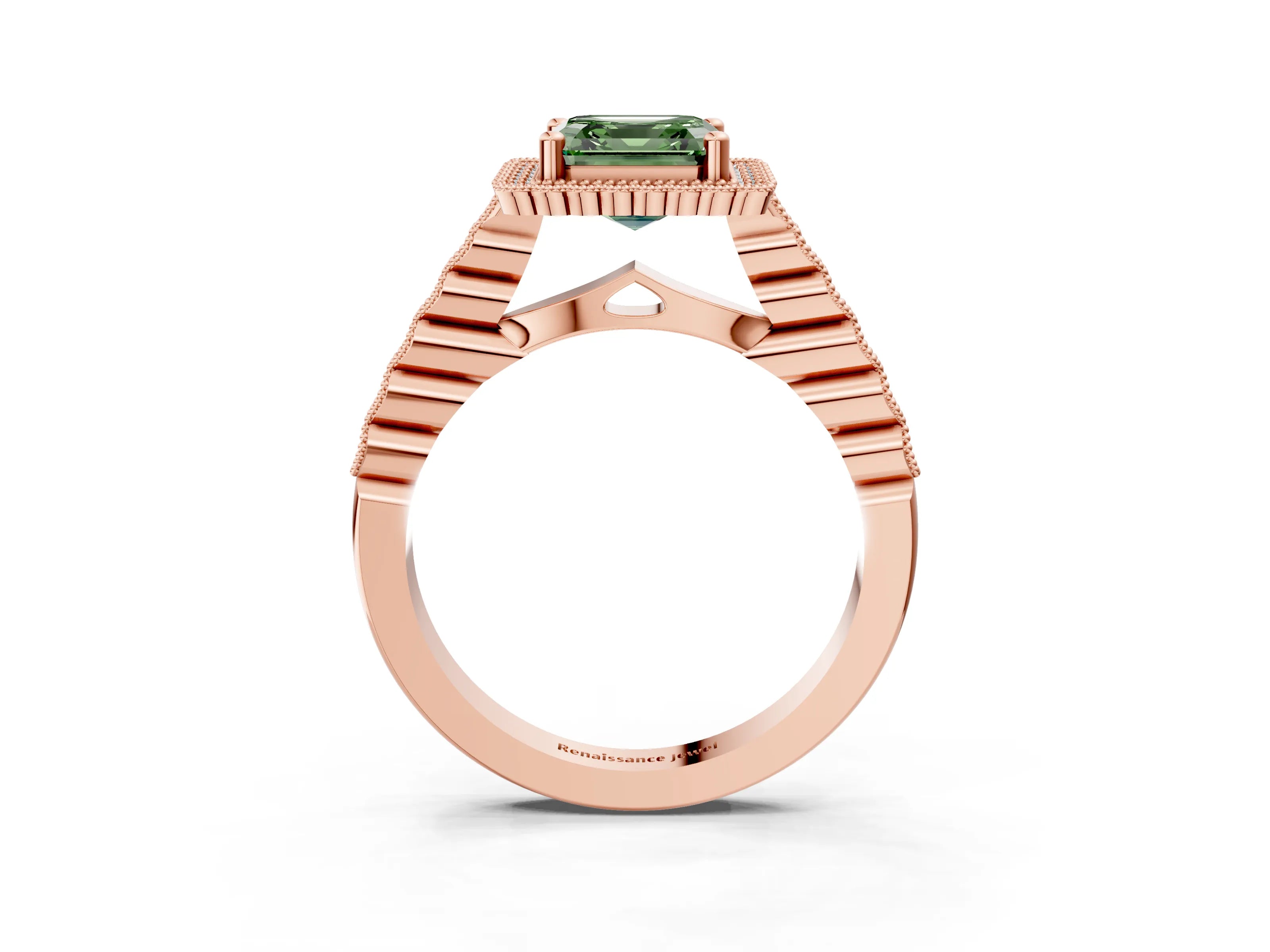 Rose gold Fancy Green Asscher Cut Cut Halo Pavé Solitaire Ring with Milgrain Band_3