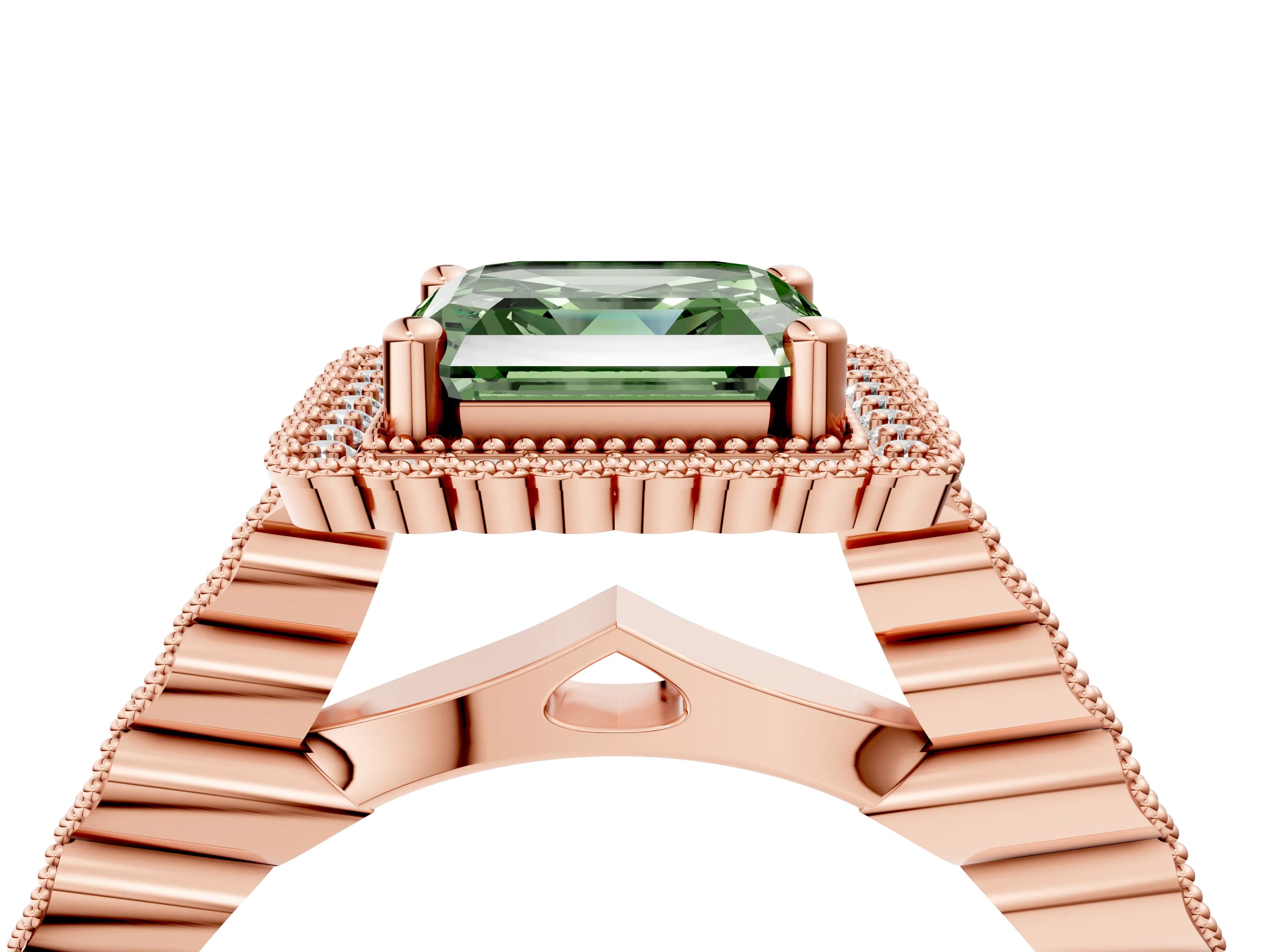 Rose gold Fancy Green Asscher Cut Cut Halo Pavé Solitaire Ring with Milgrain Band_4