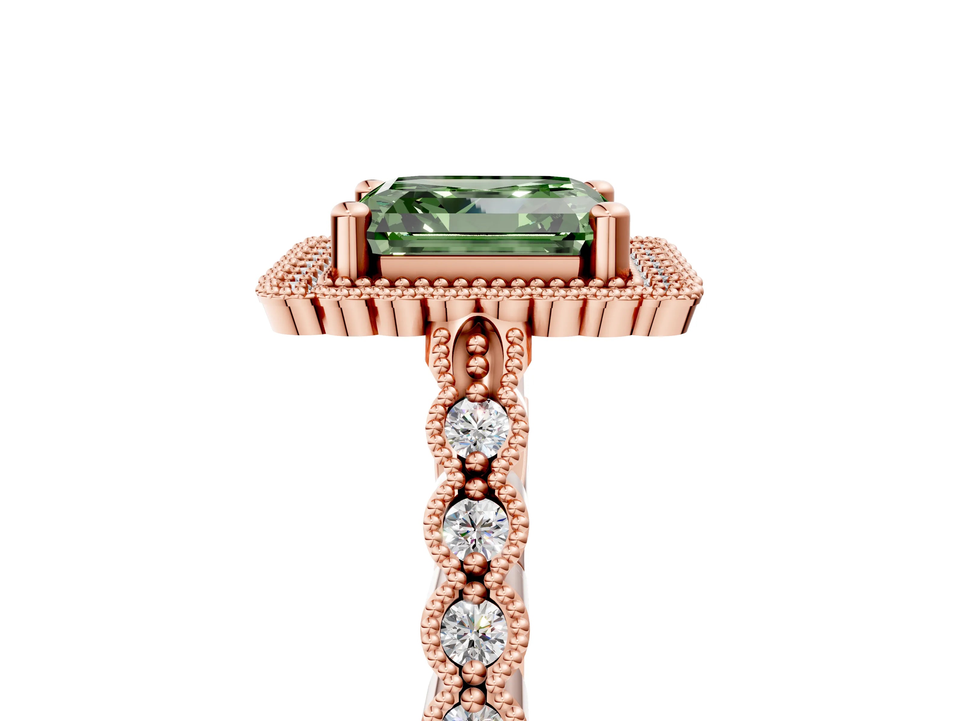 Rose gold Fancy Green Asscher Cut Cut Halo Pavé Solitaire Ring with Milgrain Band_5