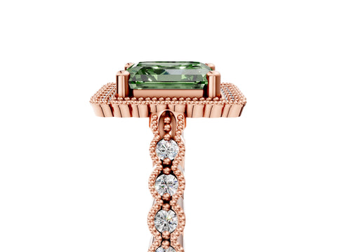 Rose gold Fancy Green Asscher Cut Cut Halo Pavé Solitaire Ring with Milgrain Band_5