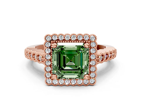Rose gold Fancy Green Asscher Cut Cut Halo Pavé Solitaire Ring with Milgrain Band