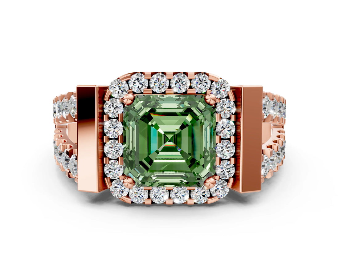 Rose gold Fancy Green Asscher Cut Cut Halo Split Shank Prong Set Ring