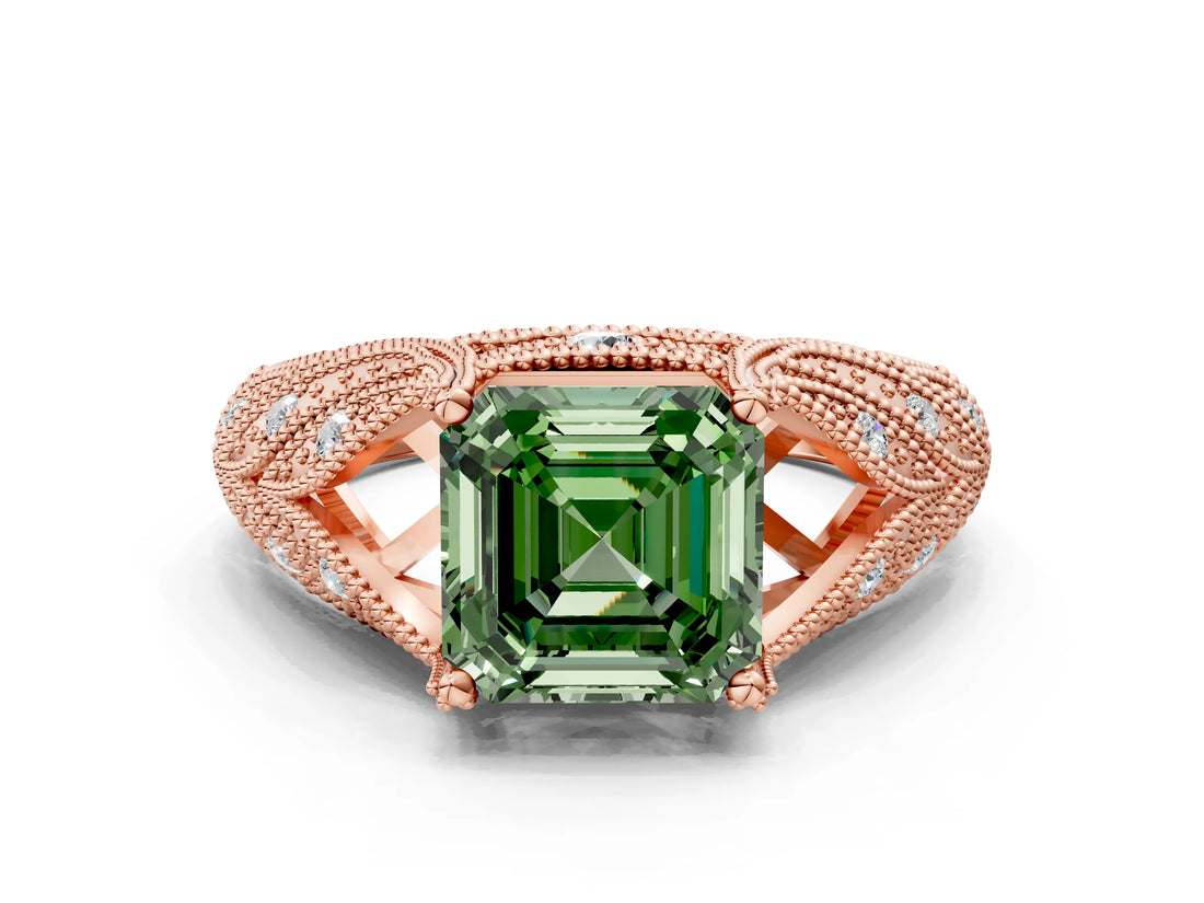 Rose gold Fancy Green Asscher Cut Cut Milgrain Pave Diamond Engagement Ring with Four-Prong Setting_15